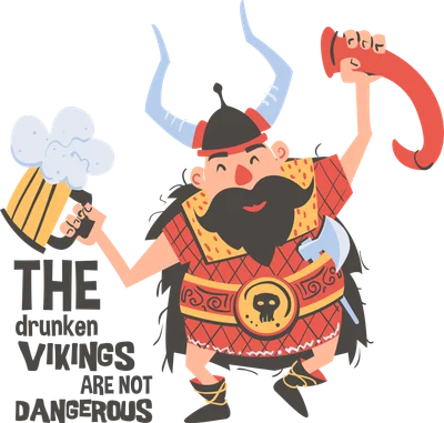 Hình vẽ Viking hoạt hình đội mũ có sừng, râu rậm, cầm cốc bia và cây rìu, có dòng chữ 'The drunken Vikings are not dangerous'