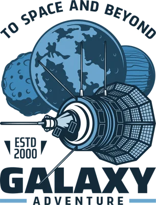Hình minh họa vệ tinh không gian bay giữa các hành tinh xanh, với dòng chữ 'To Space and Beyond' và 'Galaxy Adventure'.