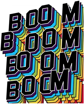 Chữ BOOM lặp lại hiệu ứng 3D màu sắc nổi bật, phong cách pop art