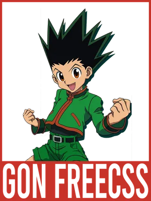 Hình vẽ nhân vật anime Gon Freecss trong trang phục xanh lá, tóc nhọn, biểu cảm vui vẻ, hai tay nắm chặt.