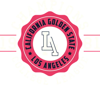 Huy hiệu phong cách vintage với chữ CHAMPIONS, CALIFORNIA GOLDEN STATE, LOS ANGELES COLLEGE LEAGUE, 1981 và logo LA.