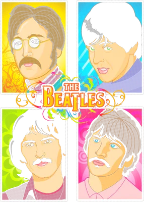 Bốn thành viên ban nhạc The Beatles vẽ theo phong cách hoạt hình, mỗi người trong một ô vuông nhỏ, có logo The Beatles ở giữa.