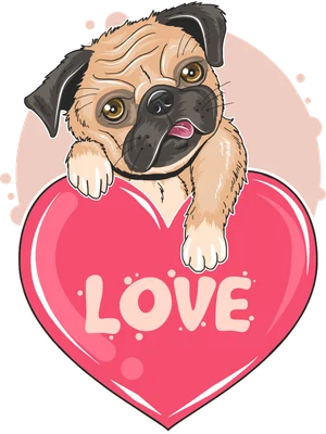 Hình vẽ chó Pug dễ thương đang ôm trái tim màu hồng có chữ "LOVE"