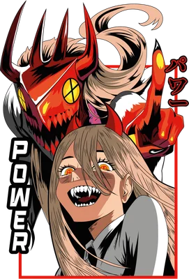 Hình ảnh Power từ Chainsaw Man với biểu cảm hung dữ và Quỷ Đỏ khổng lồ phía sau.