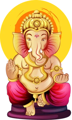 Hình ảnh minh họa Thần Ganesha ngồi trên bệ, đội vương miện, có vòi voi và hào quang vàng.