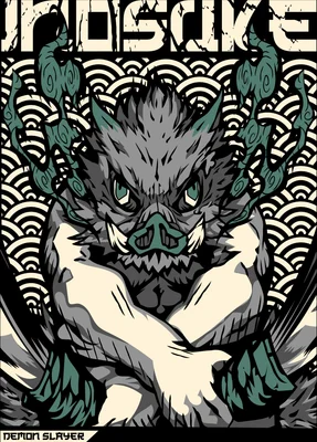 Hình ảnh Inosuke Hashibira từ Demon Slayer với biểu cảm dữ dằn, tay bắt chéo, trên nền họa tiết sóng Nhật Bản.