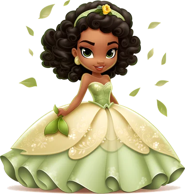 Hình ảnh công chúa Tiana hoạt hình dễ thương với váy xanh lá vàng, tóc xoăn, hoa vàng trên đầu, lá bay xung quanh.