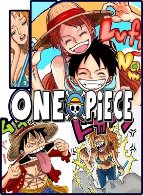 Hình ảnh ghép các nhân vật One Piece với biểu cảm vui vẻ, tinh nghịch và logo One Piece.