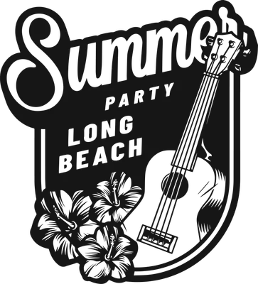 Huy hiệu phong cách vintage màu xám đen với chữ Summer, Party, Long Beach, đàn ukulele và hoa dâm bụt.