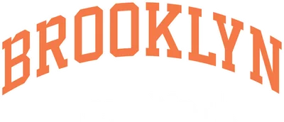 Hình ảnh chữ BROOKLYN màu cam viền trắng cong, bên dưới là chữ New York màu trắng trên nền xám.