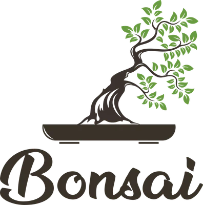 Hình ảnh cây Bonsai được vẽ cách điệu với chữ 'Bonsai' viết tay bên dưới.