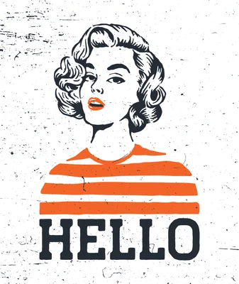 Hình minh họa phụ nữ phong cách pop art vintage với tóc xoăn, môi đỏ, áo sọc cam và chữ Hello trên nền trắng xám.