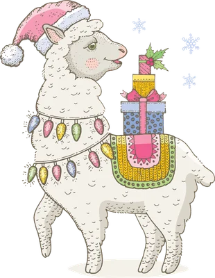 Hình ảnh minh họa Llama đội mũ ông già Noel, đeo dây đèn Giáng Sinh và chở chồng quà tặng, có bông tuyết rơi.