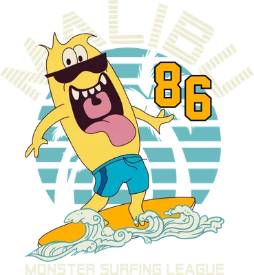 Hình minh họa quái vật màu vàng đeo kính râm đang lướt sóng với dòng chữ Malibu 86 phong cách hoạt hình