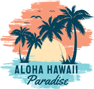 Hình in cảnh hoàng hôn bãi biển Hawaii với cây dừa và dòng chữ Aloha Hawaii Paradise phong cách vintage
