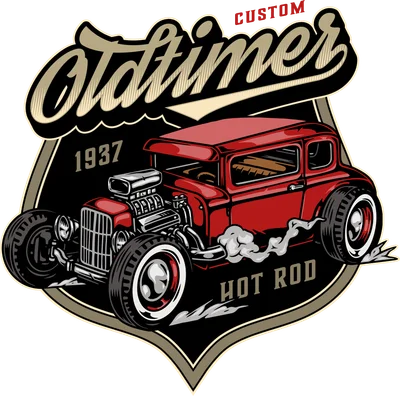 Hình minh họa xe Hot Rod cổ điển màu đỏ với động cơ lộ thiên, chữ 'Oldtimer' và '1937' trên huy hiệu đen.