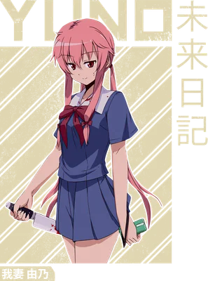 Nhân vật anime Yuno Gasai với mái tóc hồng dài, mặc đồng phục học sinh, cầm dao nhuốm máu.