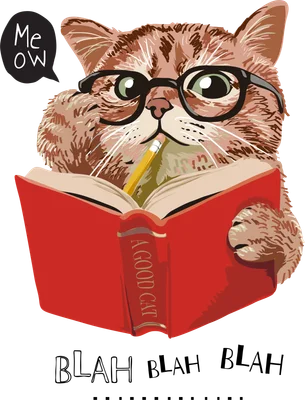 Hình vẽ mèo vằn đeo kính đen đọc sách đỏ, ngậm bút chì, có chữ 'Me OW' và 'BLAH BLAH BLAH'.