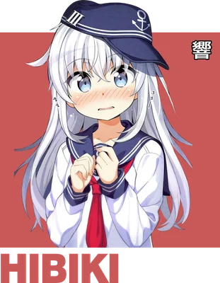 Hình ảnh cô gái anime tóc bạc dài, mặc đồng phục thủy thủ, má hồng, biểu cảm bối rối.