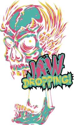 Hình ảnh đầu lâu với phong cách pop-art, hàm răng mở ra với dòng chữ "Jaw Dropping!"