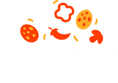 Chữ PIZZA lớn màu trắng với các topping pizza như nấm, ớt chuông, xúc xích bay lơ lửng phía trên.