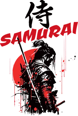 Hình ảnh chiến binh Samurai với kiếm, mặt trời đỏ và chữ Kanji, phong cách vẽ mực tàu.
