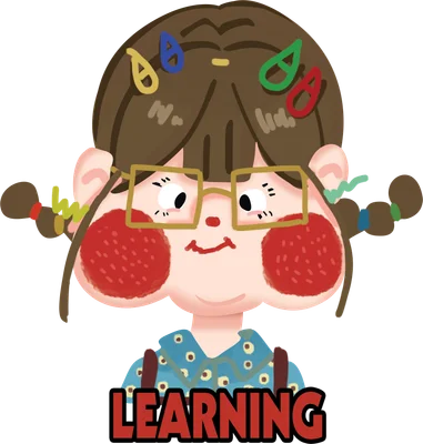 Hình vẽ cô bé đeo kính, má hồng, tóc tết hai bên, có kẹp tóc nhiều màu, chữ LEARNING ở dưới.