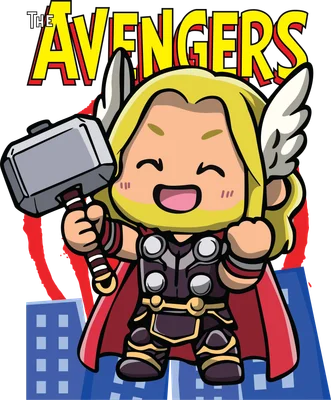 Hình ảnh Thor phiên bản chibi dễ thương, tóc vàng, đội mũ có cánh, cầm búa Mjolnir, mặc áo giáp, có chữ 'The Avengers' phía trên.
