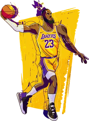 Hình vẽ minh họa LeBron James trong trang phục Lakers, đang ném bóng, đội vương miện trên đầu.