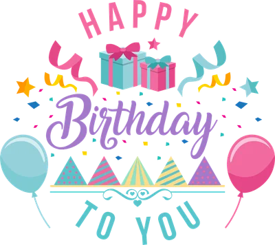 Hình ảnh minh họa chúc mừng sinh nhật với dòng chữ 'Happy Birthday To You', bóng bay, quà tặng và pháo giấy.