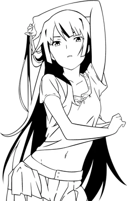 Hình vẽ cô gái anime tóc dài, mặc áo ngắn, biểu cảm bí ẩn, phong cách line art.