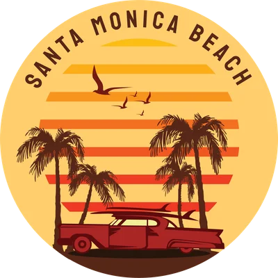Hình minh họa phong cách retro cảnh hoàng hôn biển Santa Monica với xe cổ, ván lướt, cây dừa và chim bay.
