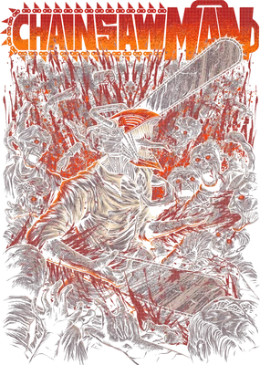Hình ảnh Chainsaw Man với cưa máy trên đầu, chiến đấu với đám quỷ dữ xung quanh, máu me văng tung tóe.