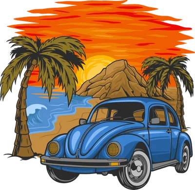 Hình minh họa xe Volkswagen Beetle màu xanh cổ điển trên bãi biển với hàng dừa và hoàng hôn rực rỡ