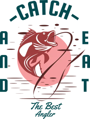Hình minh họa cá lớn đang nhảy vọt khỏi mặt nước với lưỡi câu, kèm chữ 'CATCH AND EAT The Best Angler' trên nền xám.