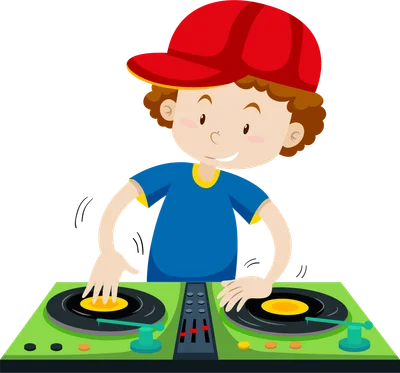 Hình ảnh hoạt hình một cậu bé đội mũ đỏ đang chơi nhạc trên bàn DJ màu xanh lá.