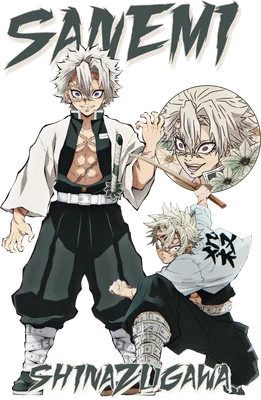 Hình ảnh Sanemi Shinazugawa từ anime Demon Slayer với biểu cảm mạnh mẽ, có chữ "Sanemi" và "Shinazugawa"