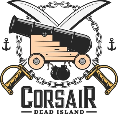 Hình ảnh biểu tượng cướp biển với pháo, hai thanh kiếm bắt chéo, dây xích, bom và chữ 'CORSAIR DEAD ISLAND'.