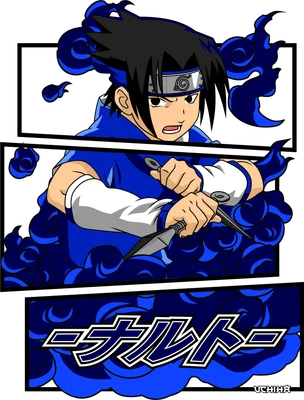 Hình vẽ nhân vật Sasuke Uchiha trong Naruto, cầm hai con dao kunai, bao quanh bởi khói xanh.
