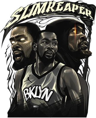 Hình ảnh minh họa Kevin Durant trong bộ áo đấu Brooklyn Nets với hiệu ứng "Slim Reaper" và hai phiên bản khác của anh ấy, phong cách truyện tranh.