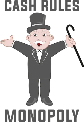 Hình vẽ ông trùm Monoply đội mũ, mặc vest, cầm gậy, hai tay dang rộng, có chữ 'CASH RULES' và 'MONOPOLY'.