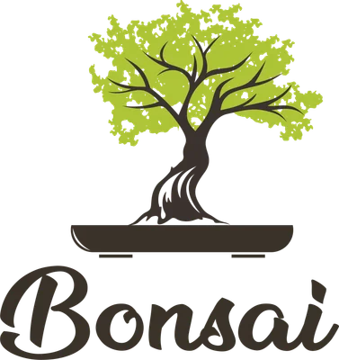 Hình ảnh cây bonsai nghệ thuật với tán lá xanh tươi và thân cây uốn lượn, đặt trên chậu nâu, có chữ 'Bonsai' bên dưới.