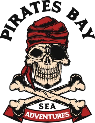 Hình minh họa đầu lâu cướp biển đội khăn đỏ với xương chéo và chữ Pirates Bay