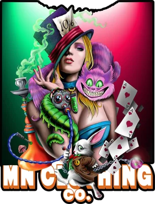 Hình ảnh minh họa cô gái Alice đội mũ, Mèo Cheshire cười nham hiểm, Thỏ Trắng và sâu bướm trong thế giới kỳ ảo.
