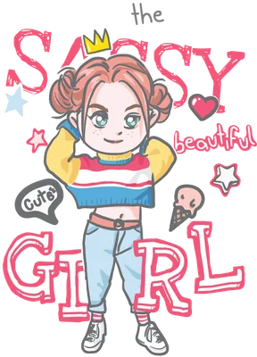 Hình vẽ cô gái chibi đội vương miện, mặc áo sọc, quần jean, với các họa tiết ngôi sao, trái tim và kem ốc quế.