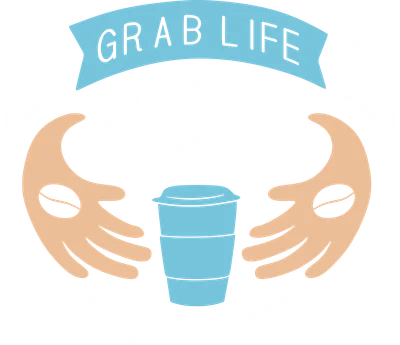 Hình ảnh minh họa ly cà phê xanh với hai bàn tay dang ra ôm lấy, kèm dòng chữ 'Grab Life By The Beans' và biểu tượng hạt cà phê.