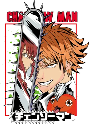 Hình ảnh Chainsaw Man với Denji cười nhếch mép và Makima nhìn nghiêng, có biểu tượng cưa máy.