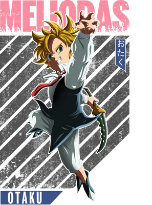 Nhân vật Meliodas từ anime Seven Deadly Sins, mặc áo sơ mi trắng, vest đen, quần trắng, cầm kiếm, phong cách anime.
