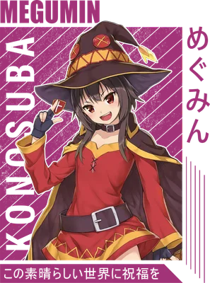 Hình ảnh Megumin, nhân vật anime Konosuba, mặc trang phục phù thủy đỏ, đội mũ lớn, tay cầm huy hiệu.
