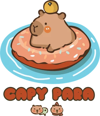 Hình vẽ hoạt hình chuột lang nước Capybara dễ thương bơi trong phao bánh donut màu cam, có chữ CAPY PARA.